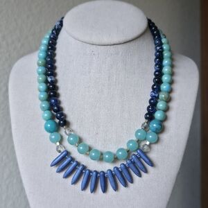 Loft Plastic Bead Blue & Aqua Double Strand Beaded Statement Necklace